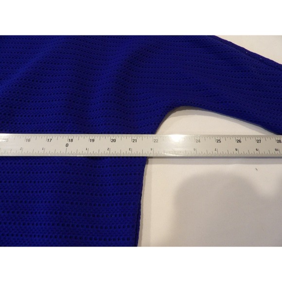 Chicos Size 1 Medium Blouse Blue Mesh Layered Cutout Boho High Low Batwing - Picture 7 of 10